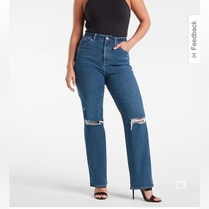 Express Super High Waisted FlexX Dark Wash Ripped Modern Straight Jeans - Med